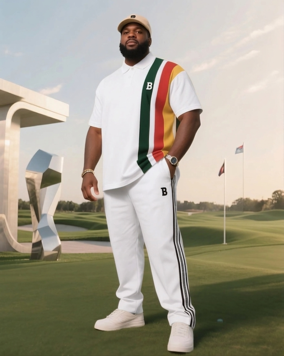 Men's Plus Size Daily Casual Ivory White Spelling Colorful Short Sleeve Simple Striped Polo Pants Suit