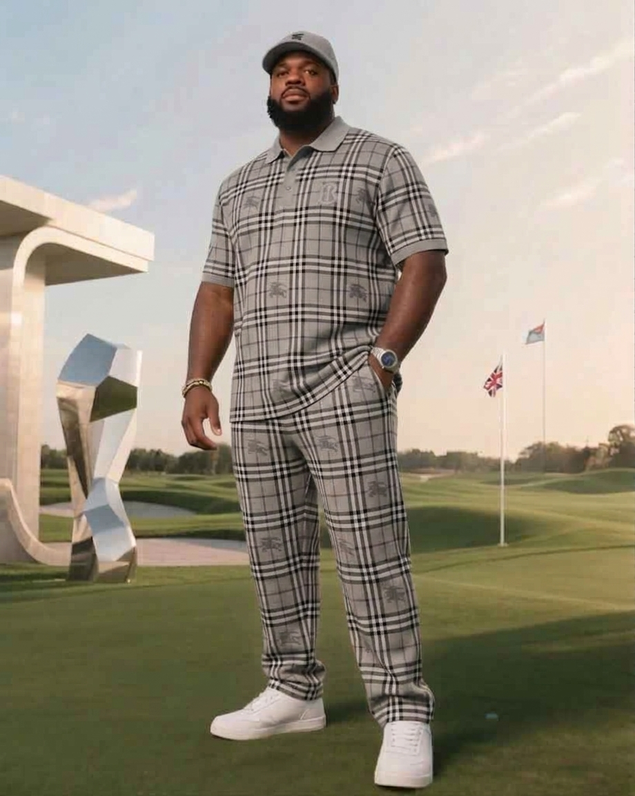 Men's Plus Size Daily Casual Ivory White Luxury Plaid Short Sleeve Polo & Pants Set