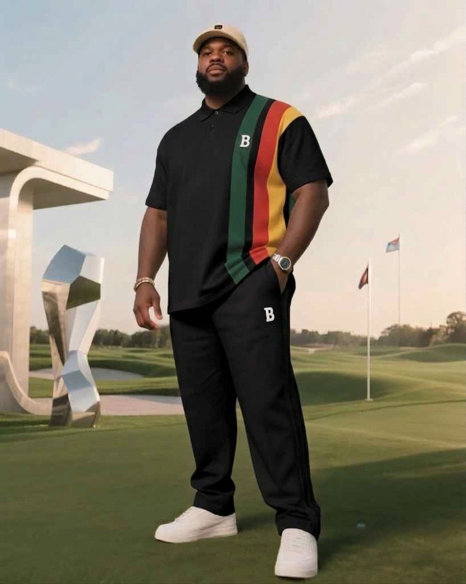 Men's Plus Size Daily Casual Ivory White Spelling Colorful Short Sleeve Simple Striped Polo Pants Suit