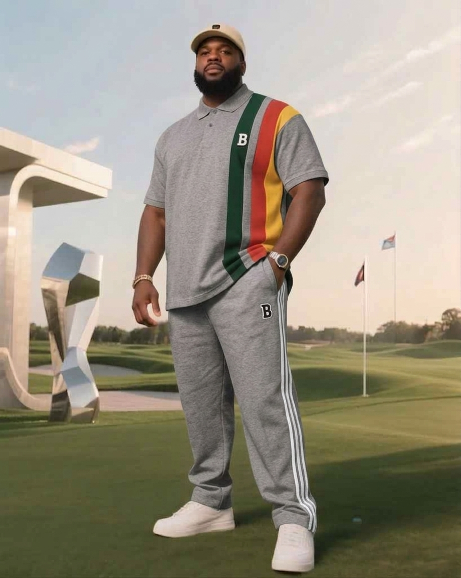 Men's Plus Size Daily Casual Ivory White Spelling Colorful Short Sleeve Simple Striped Polo Pants Suit