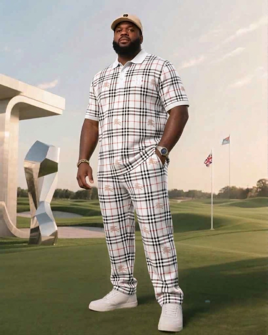 Men's Plus Size Daily Casual Ivory White Luxury Plaid Short Sleeve Polo & Pants Set