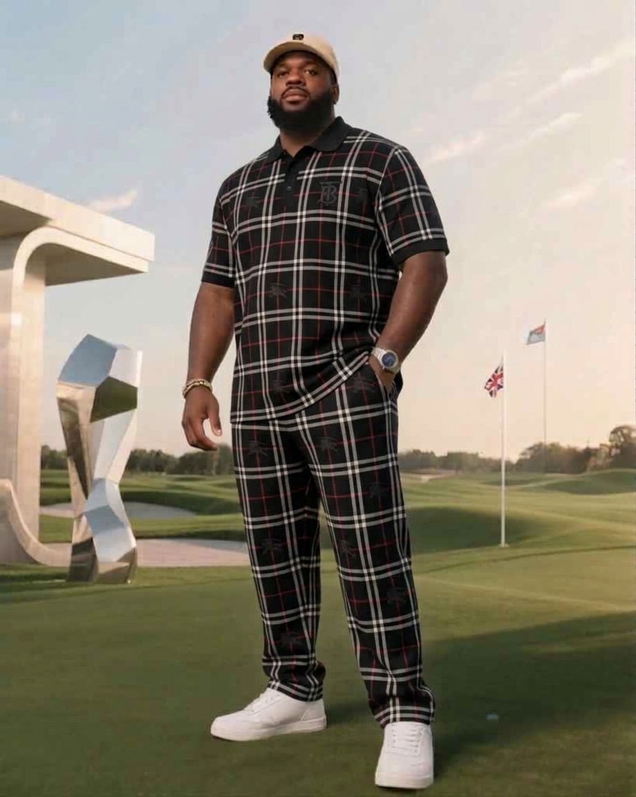 Men's Plus Size Daily Casual Ivory White Luxury Plaid Short Sleeve Polo & Pants Set