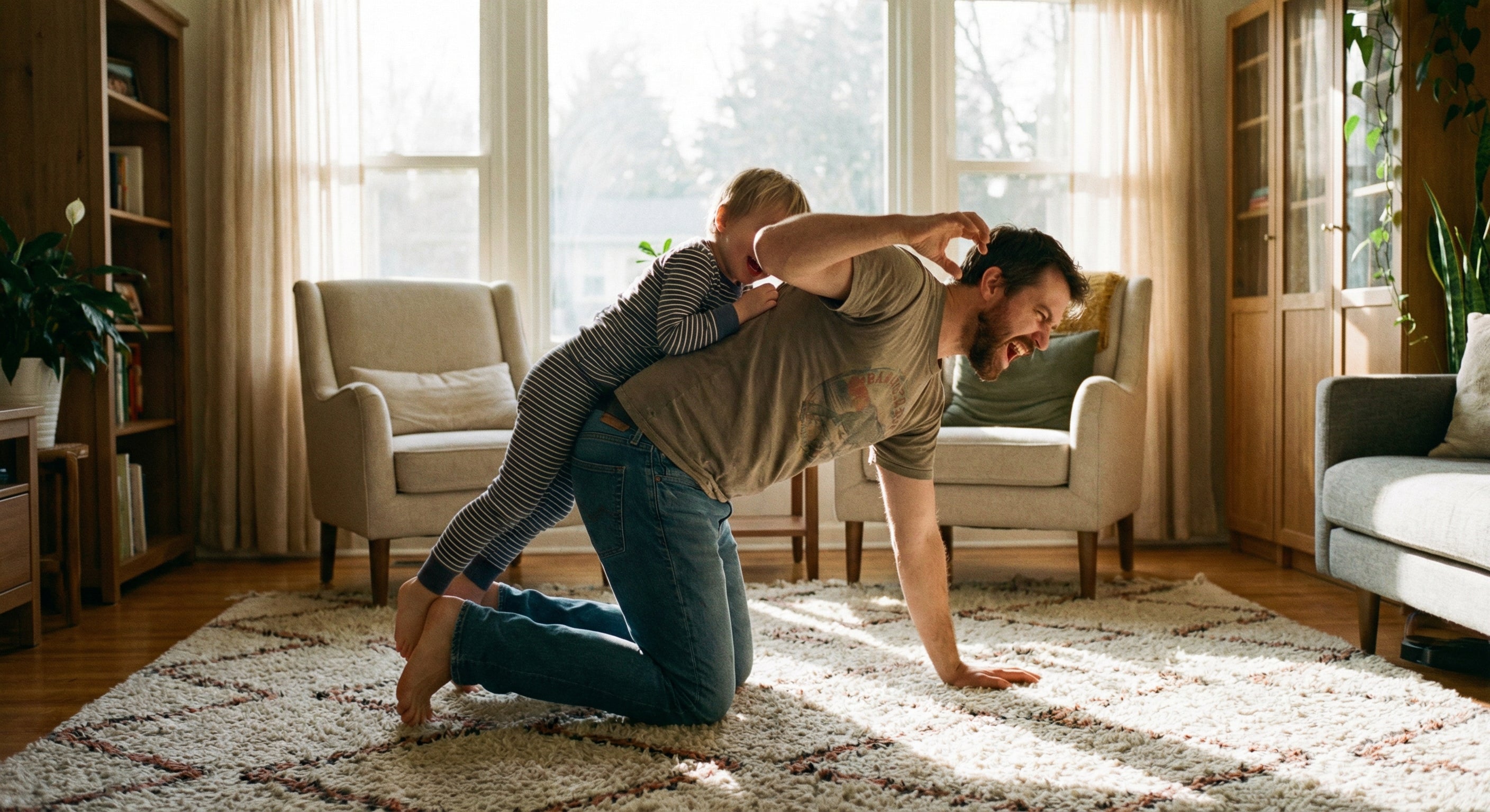 Father playing and wrestling with son, both laughing