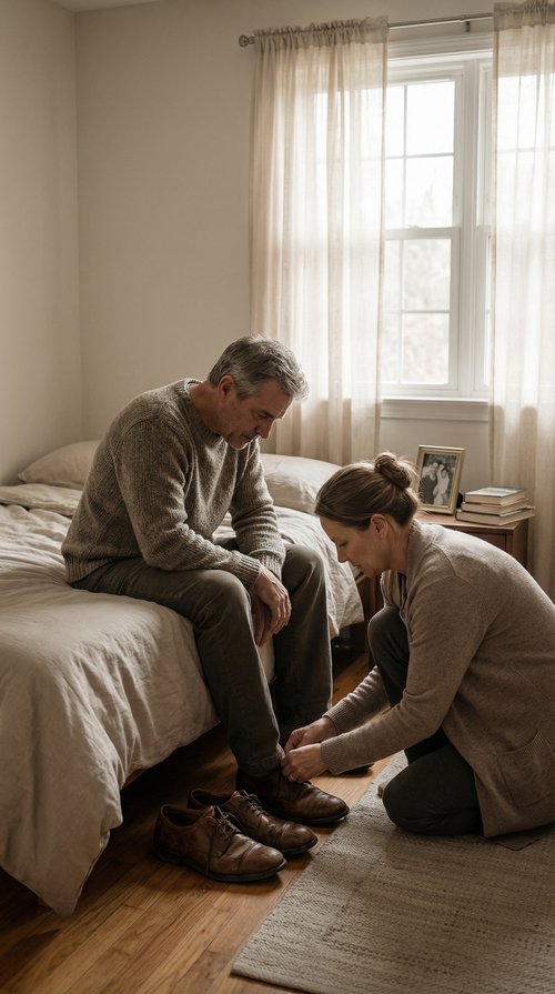 Wife helping husband with shoes