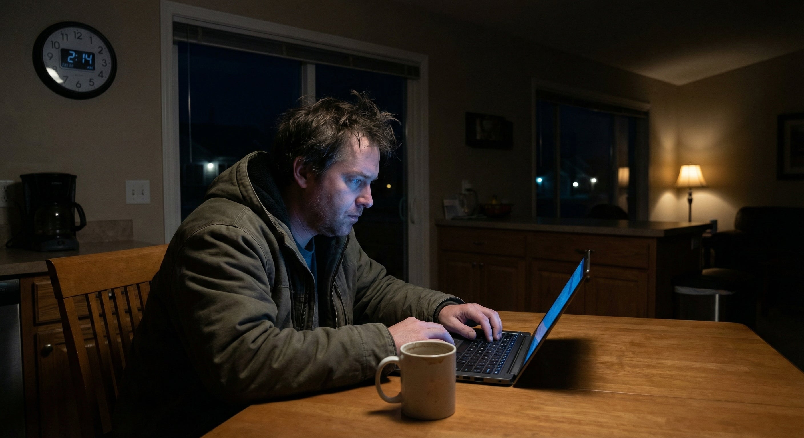 Man researching at 2:14 AM