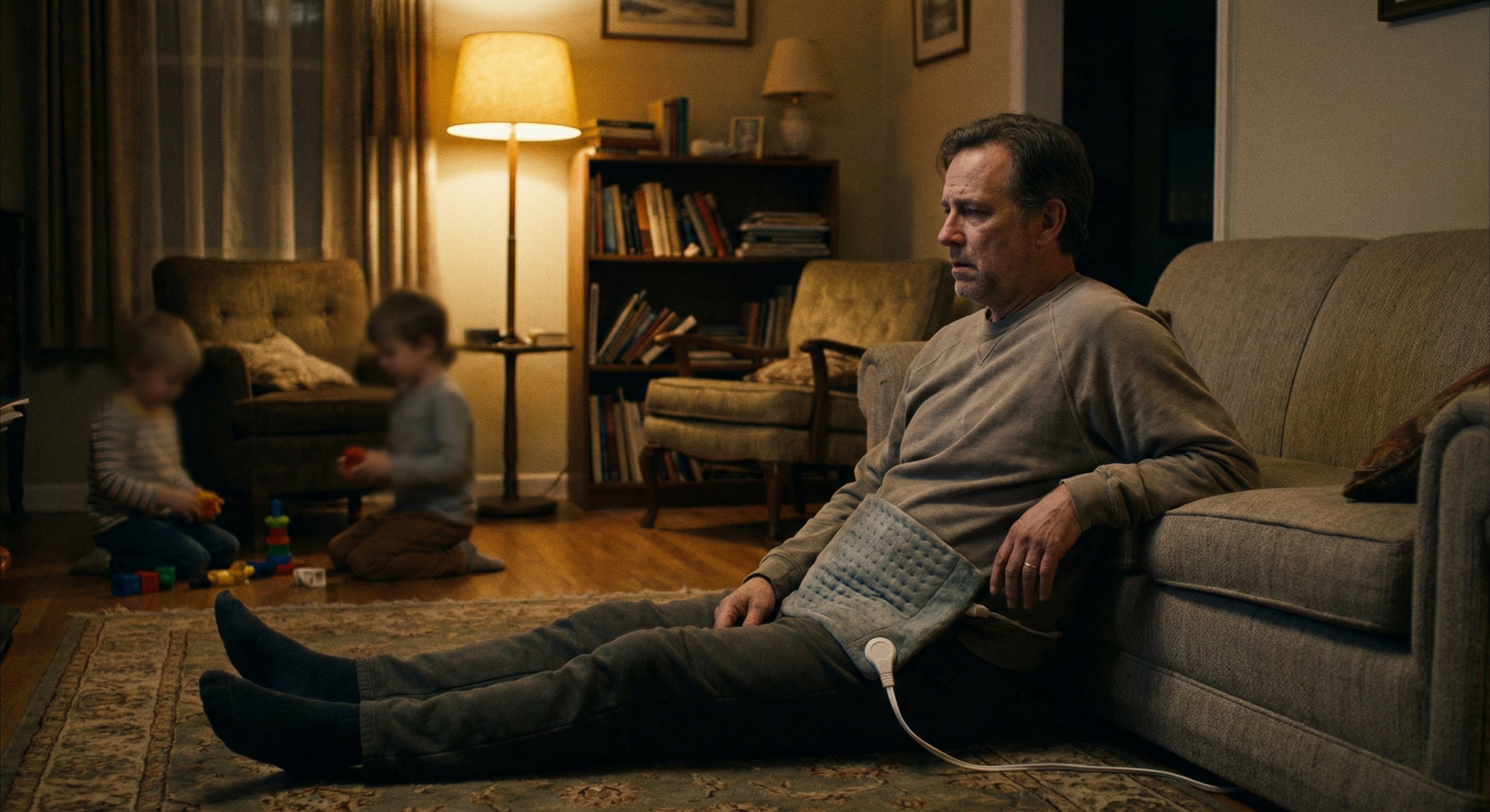 Father using massage chair with kids playing in background