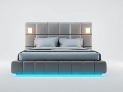 Lit double tapissé en cuir synthétique avec éclairage 200x160x110 cm - gris - design moderne pour chambre-Havengohome