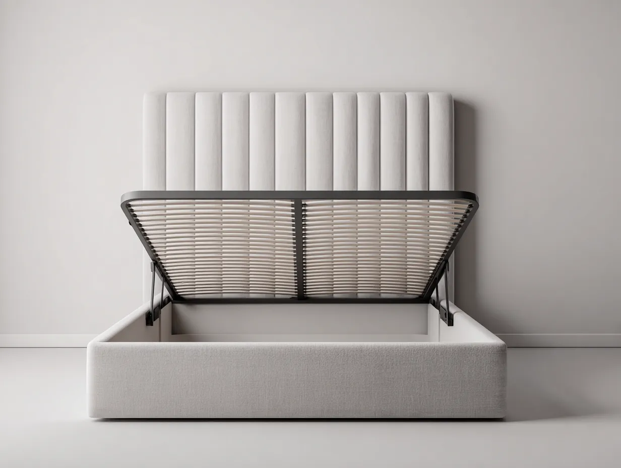 Lit double en tissu avec coffre 210x170x115 cm - beige clair - design contemporain pour chambre-Havengohome