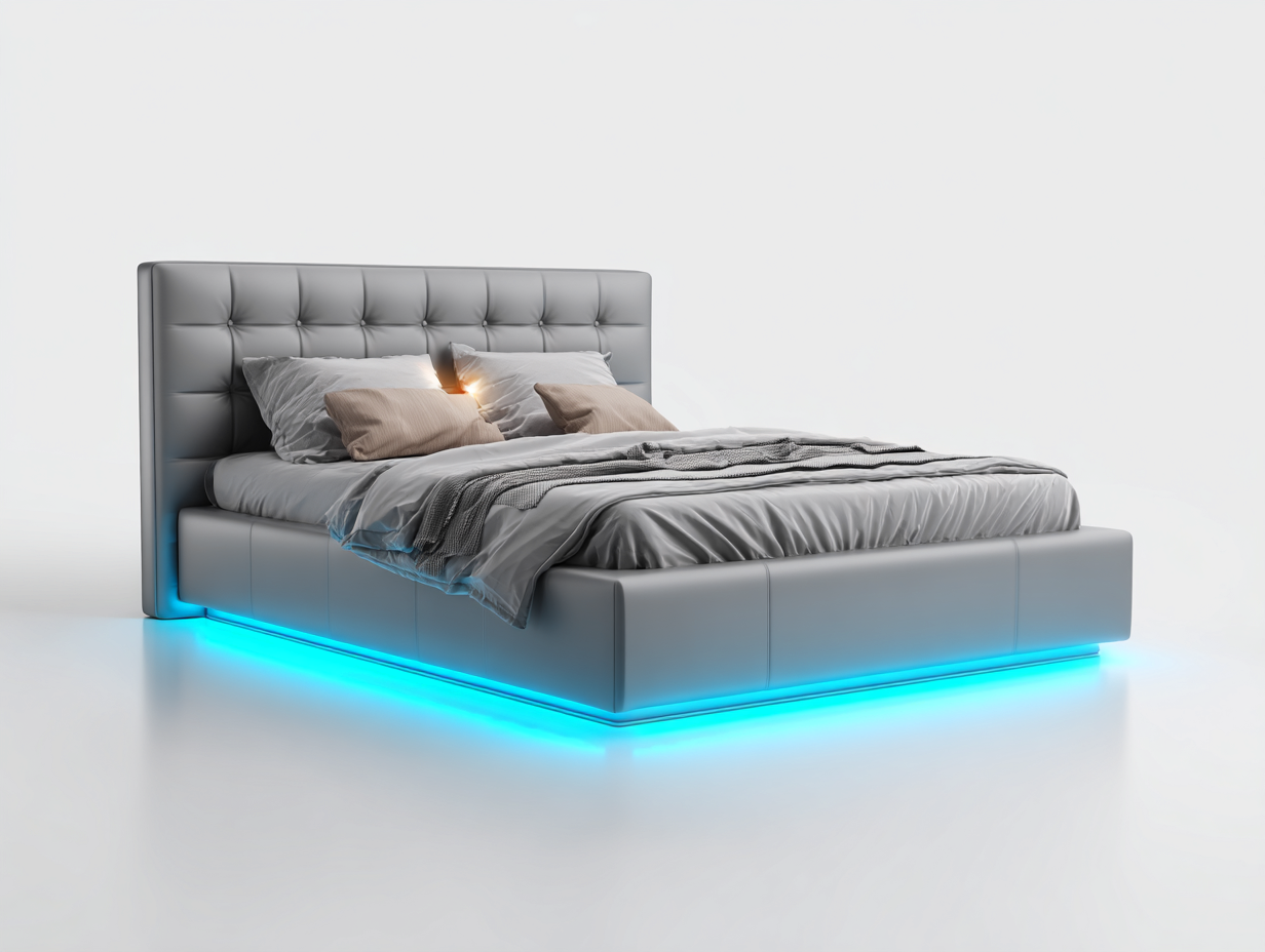 Lit double tissu rembourré 210x170x95 cm - gris clair - éclairage LED intégré-Havengohome