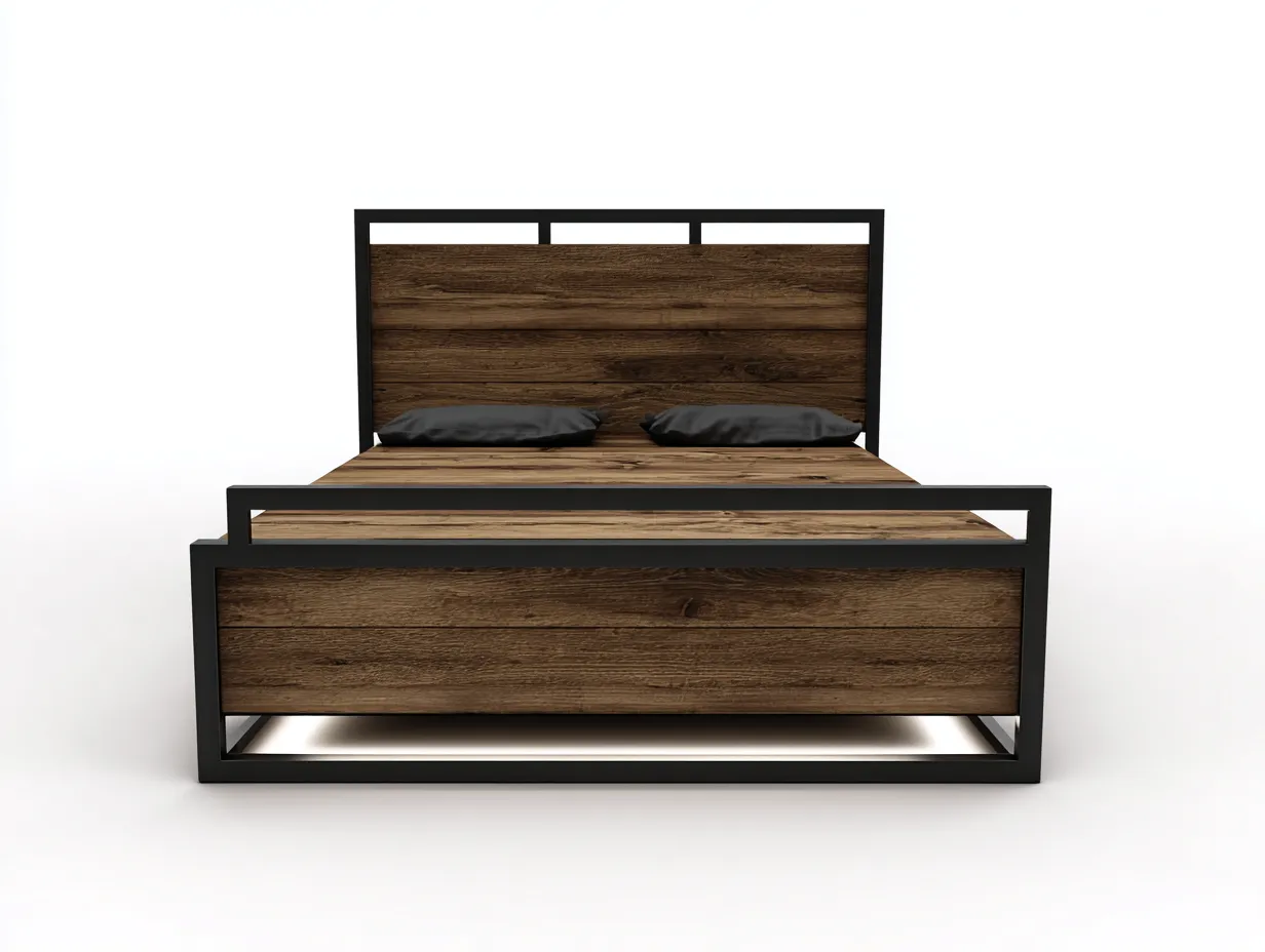 Doppelbett-Holz-Metall-216x184x105 cm-Naturholz-Schwarz-Industriell-Sofamypad