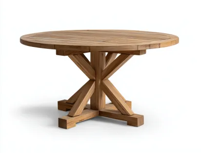 Table de jardin ronde en bois avec piètement central 140x140x75 cm - Bois naturel - Design intemporel-Roomuphut