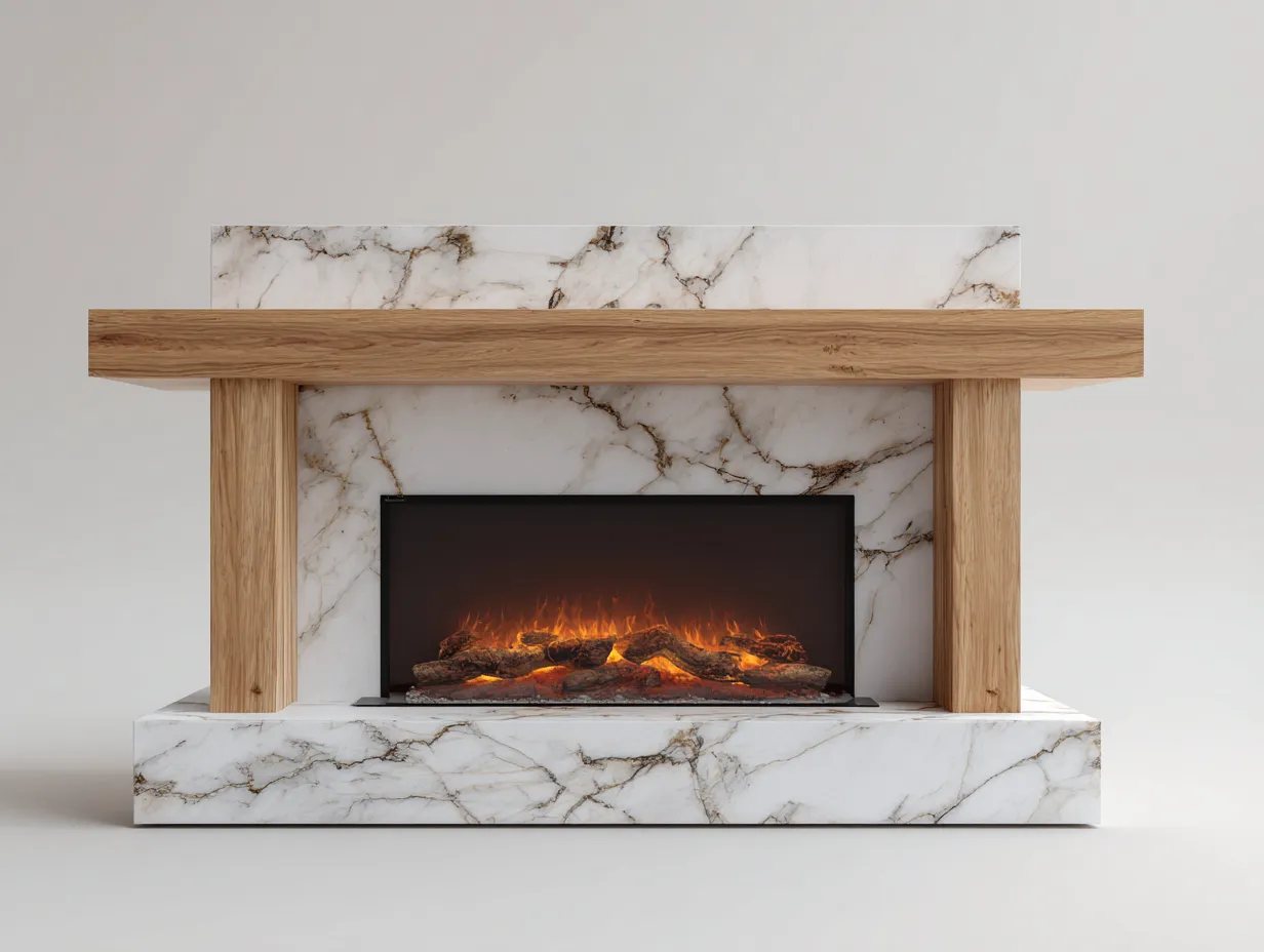 Cheminée électrique avec habillage effet marbre et structure en bois 160x40x120 cm - Blanc et bois clair - Design contemporain-Oakgetshop
