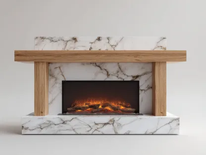 Cheminée électrique avec habillage effet marbre et structure en bois 160x40x120 cm - Blanc et bois clair - Design contemporain-Oakgetshop