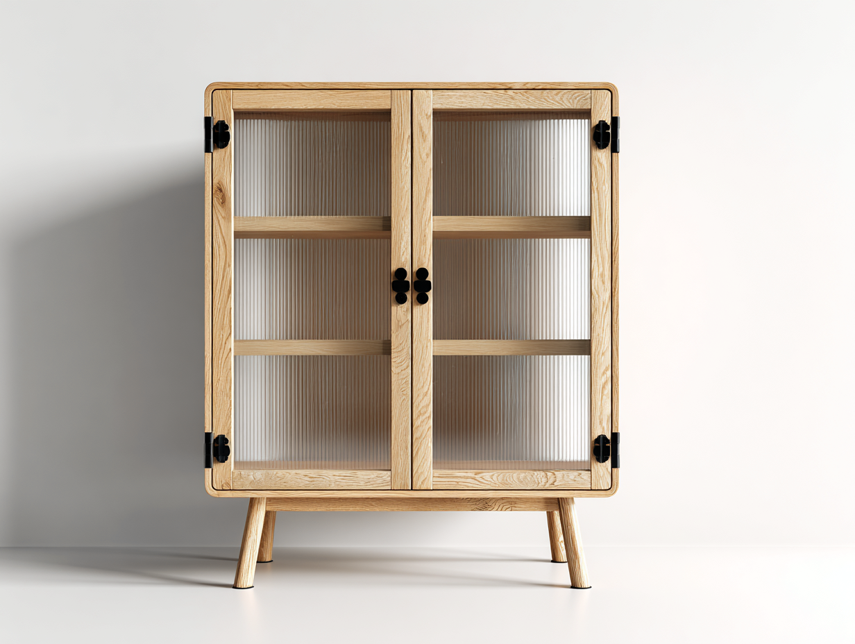 Vitrine 80x40x120 cm - structure bois naturel et portes en verre strié - usage rangement intérieur - style contemporain-Oakgetshop