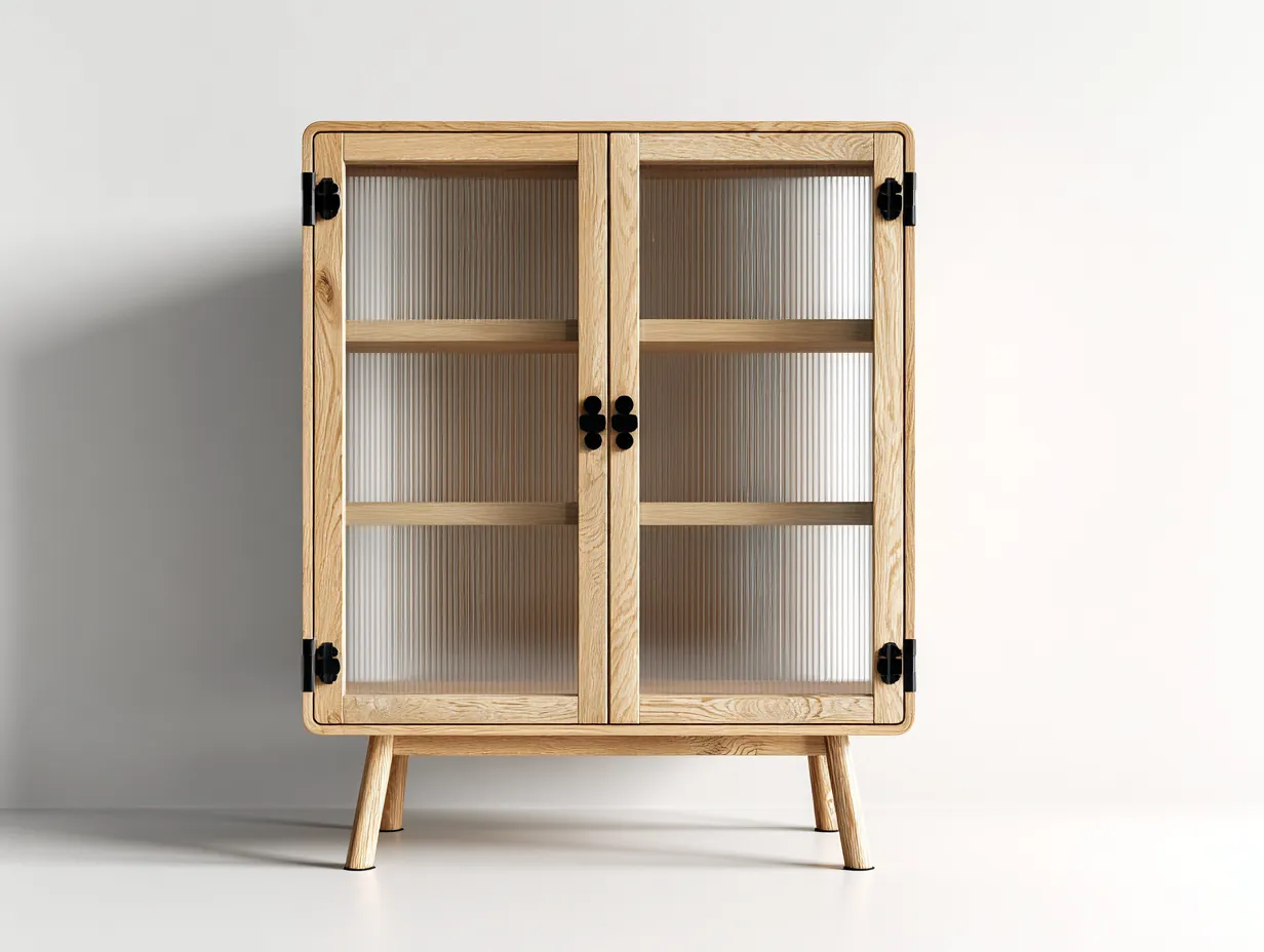 Vitrine 80x40x120 cm - structure bois naturel et portes en verre strié - usage rangement intérieur - style contemporain-Oakgetshop