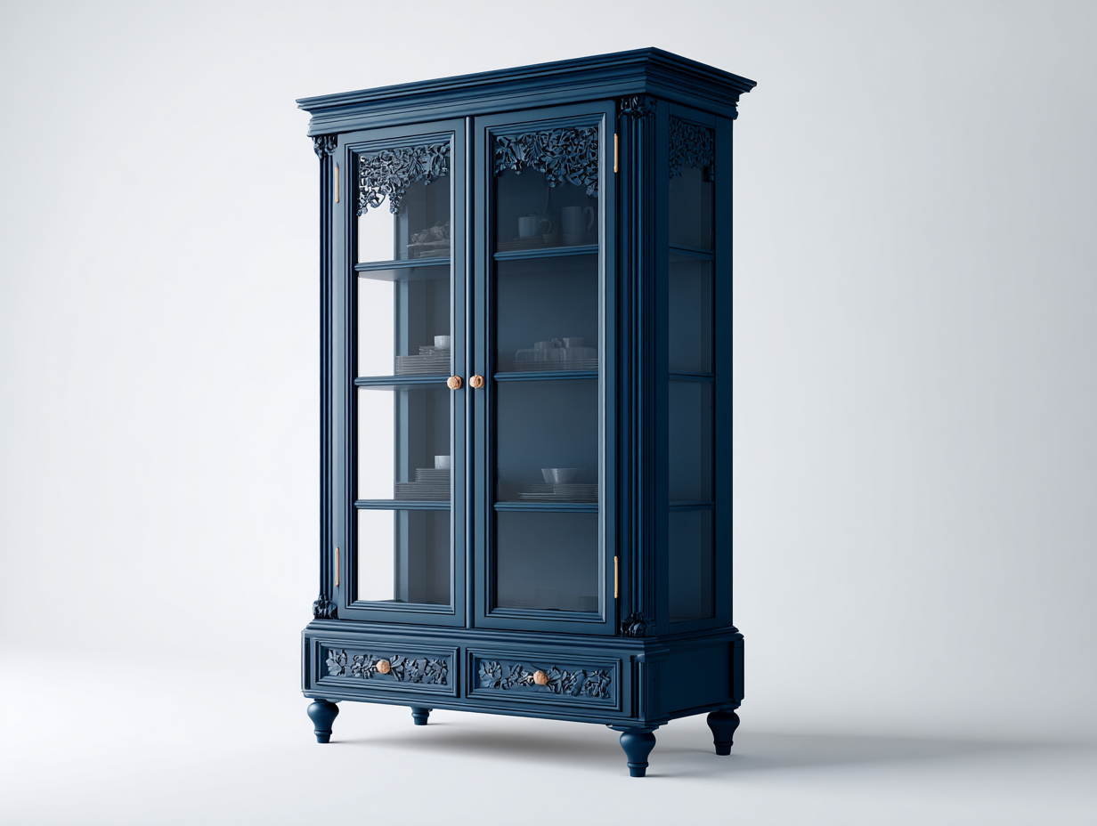 Vitrine en bois avec portes vitrées et rangements intégrés 80x40x190 cm - Bleu foncé - Style classique-Oakgetshop
