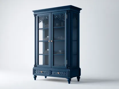 Vitrine en bois avec portes vitrées et rangements intégrés 80x40x190 cm - Bleu foncé - Style classique-Oakgetshop