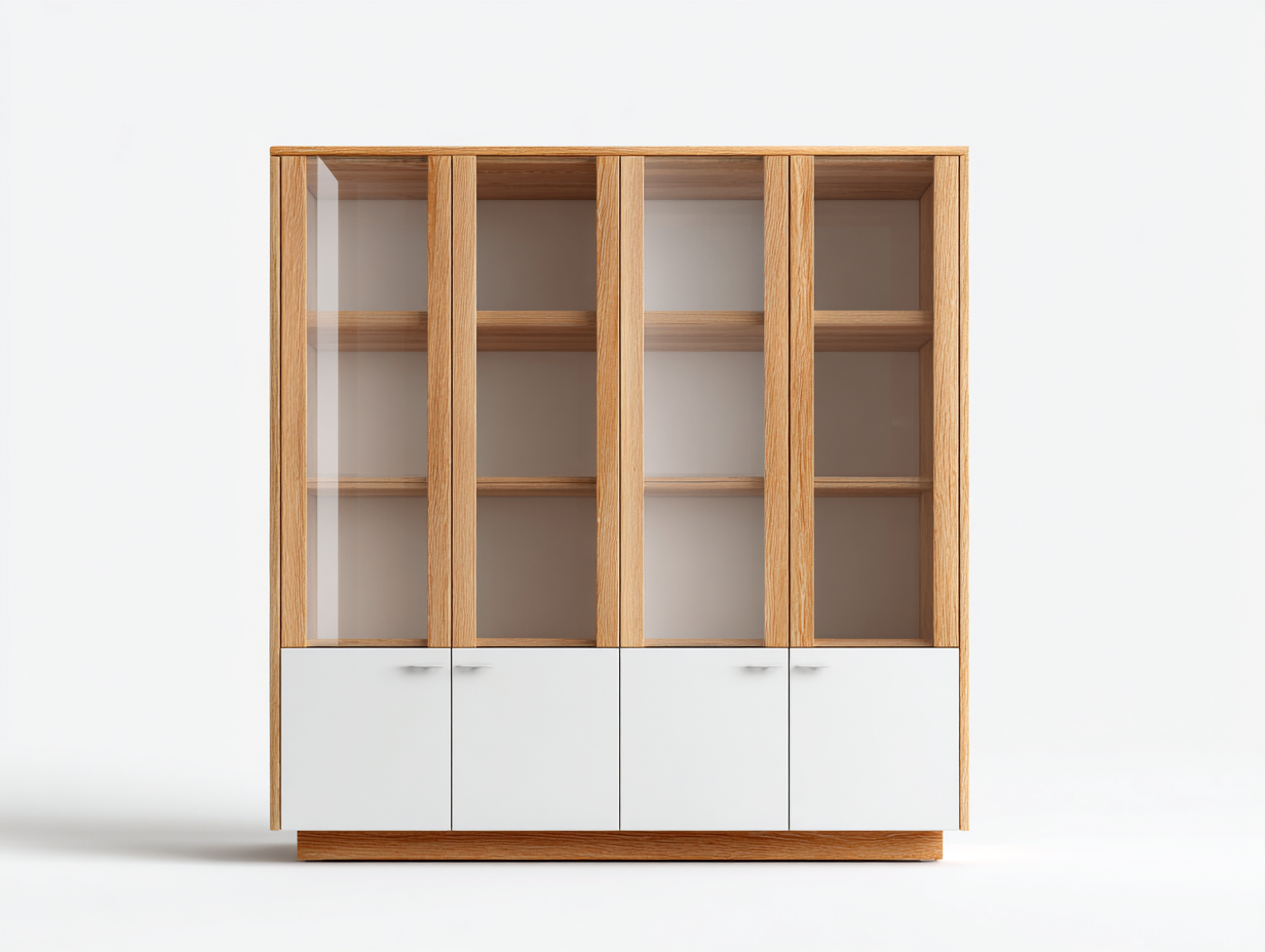 Vitrine 160x40x180 cm - structure bois naturel et façades blanches - usage rangement intérieur - style contemporain-Oakgetshop