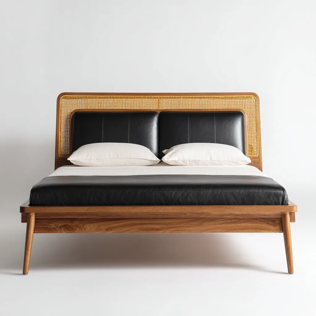 Doppelbett-Holz-Kunstleder-Rattan-222x198x118 cm-Naturholz-Schwarz-Retro Stil-Roomgetyard