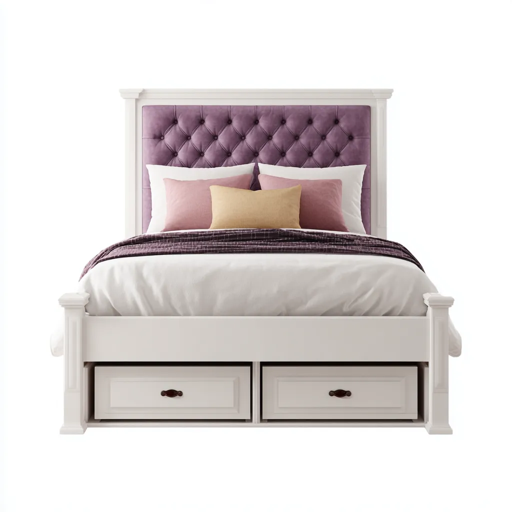 Doppelbett-Holz-Stoff-214x190x128 cm-Weiß-Lila-Klassischer Stil-Roomgetyard