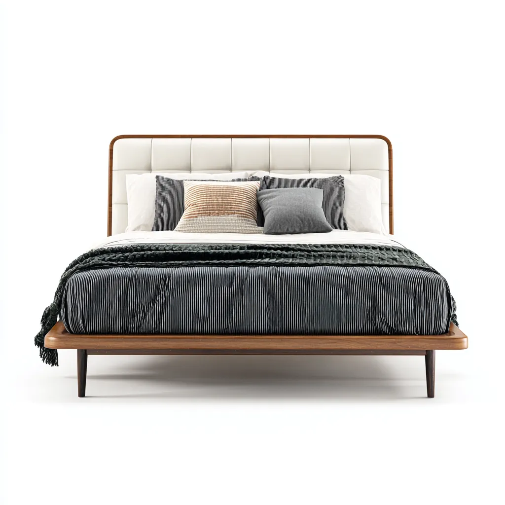 Doppelbett-Holz-Kunstleder-220x196x116 cm-Weiß-Naturholz-Skandinavischer Stil-Roomgetyard