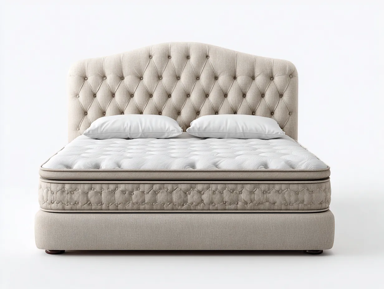 Letto matrimoniale - tessuto-legno - 214x182x118 cm - beige - design elegante-Luxemyloft