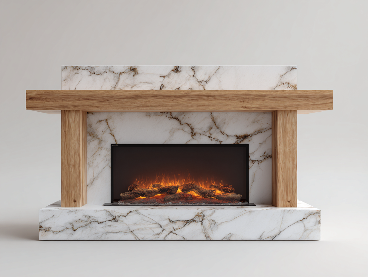Cheminée électrique avec habillage effet marbre et structure en bois 160x40x120 cm - Blanc et bois clair - Design contemporain-Pinegetyard