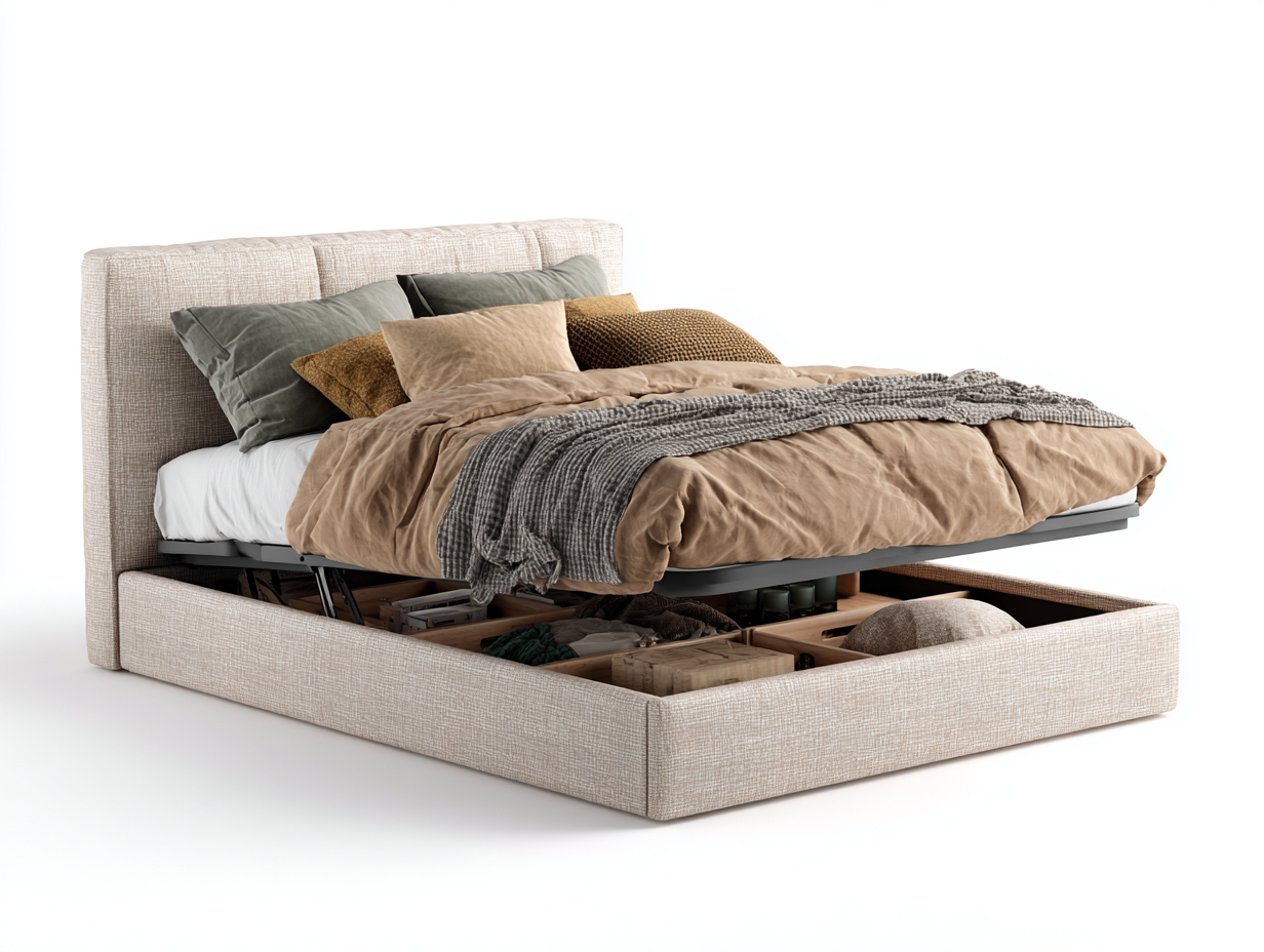 Lit double avec rangement en tissu 205x165x105 cm - beige - style contemporain-Pinegetyard