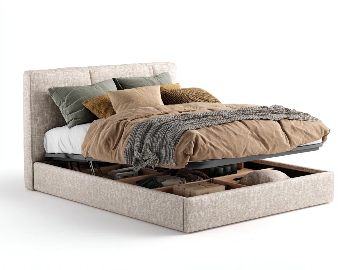 Lit double avec rangement en tissu 205x165x105 cm - beige - style contemporain-Pinegetyard