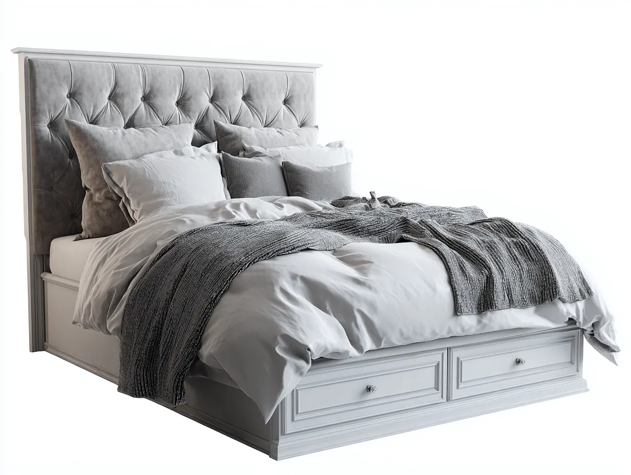 Lit double 200x160x120 cm - structure bois blanc et tête de lit capitonnée grise - usage chambre - style contemporain-Pinegetyard