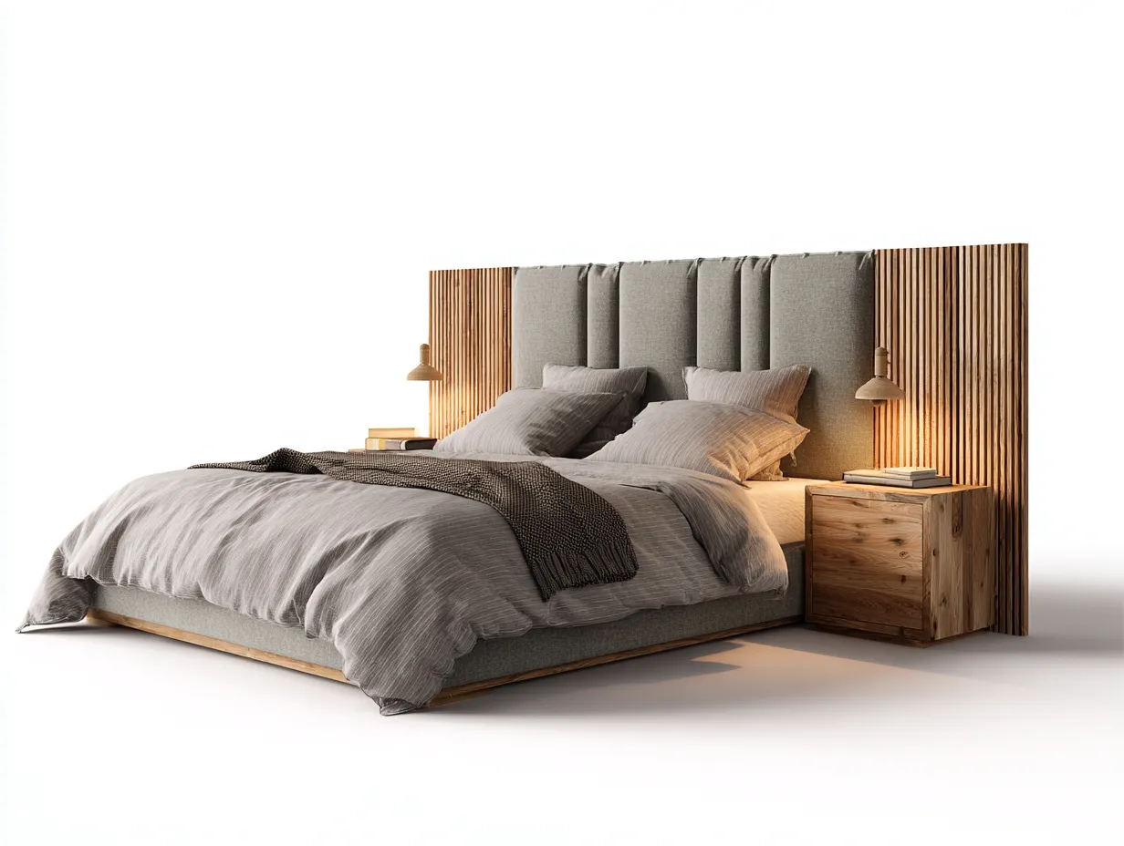 Lit double 200x160x115 cm - structure bois naturel et tête de lit rembourrée tissu gris - usage chambre - style contemporain-Pinegetyard