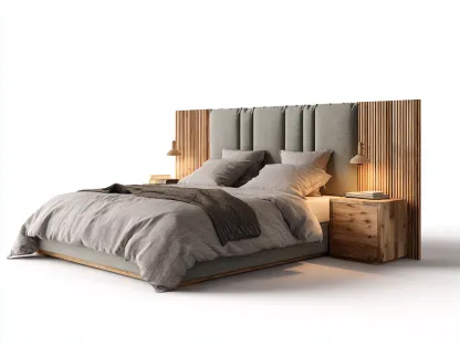 Lit double 200x160x115 cm - structure bois naturel et tête de lit rembourrée tissu gris - usage chambre - style contemporain-Pinegetyard