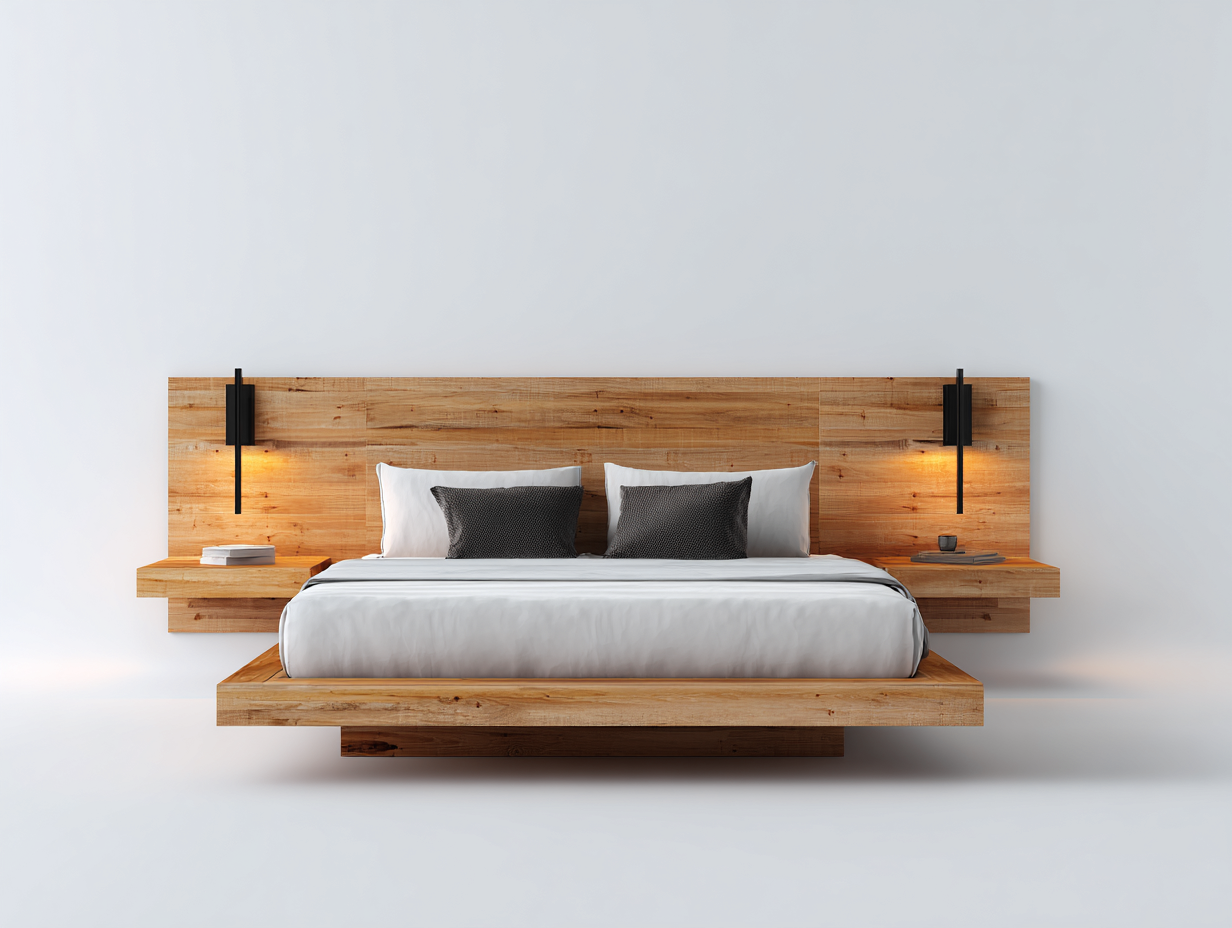 Lit double en bois avec tête de lit intégrée 200x160x98 cm - bois naturel - design minimaliste contemporain-Nookupnest