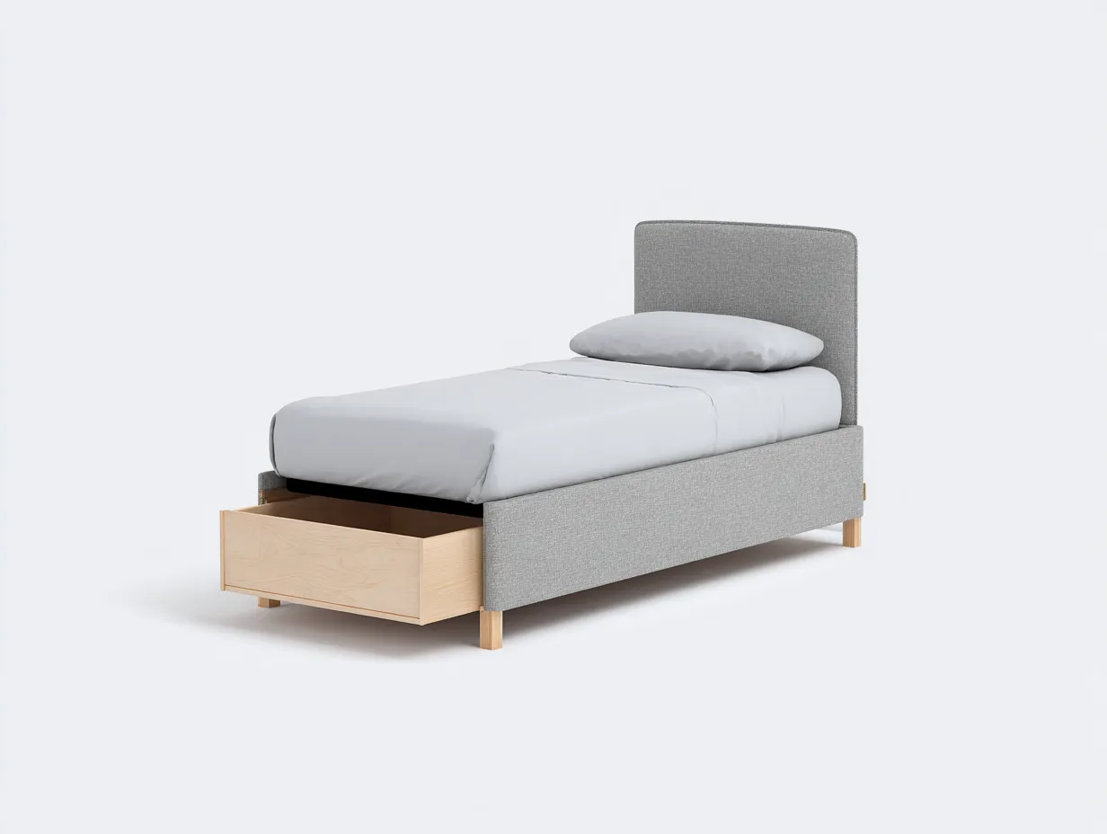 Lit simple en tissu avec tiroir de rangement 200x90x80 cm - gris clair - bois naturel - design contemporain-Nookupnest