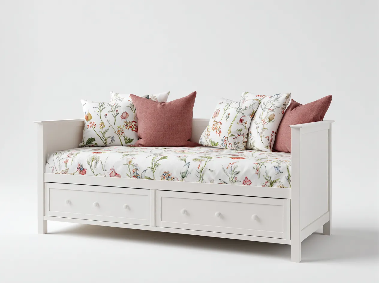 Canapé lit en bois avec revêtement textile 155x90x73 cm - blanc - design classique avec espace de rangement pour chambre-Nookuply