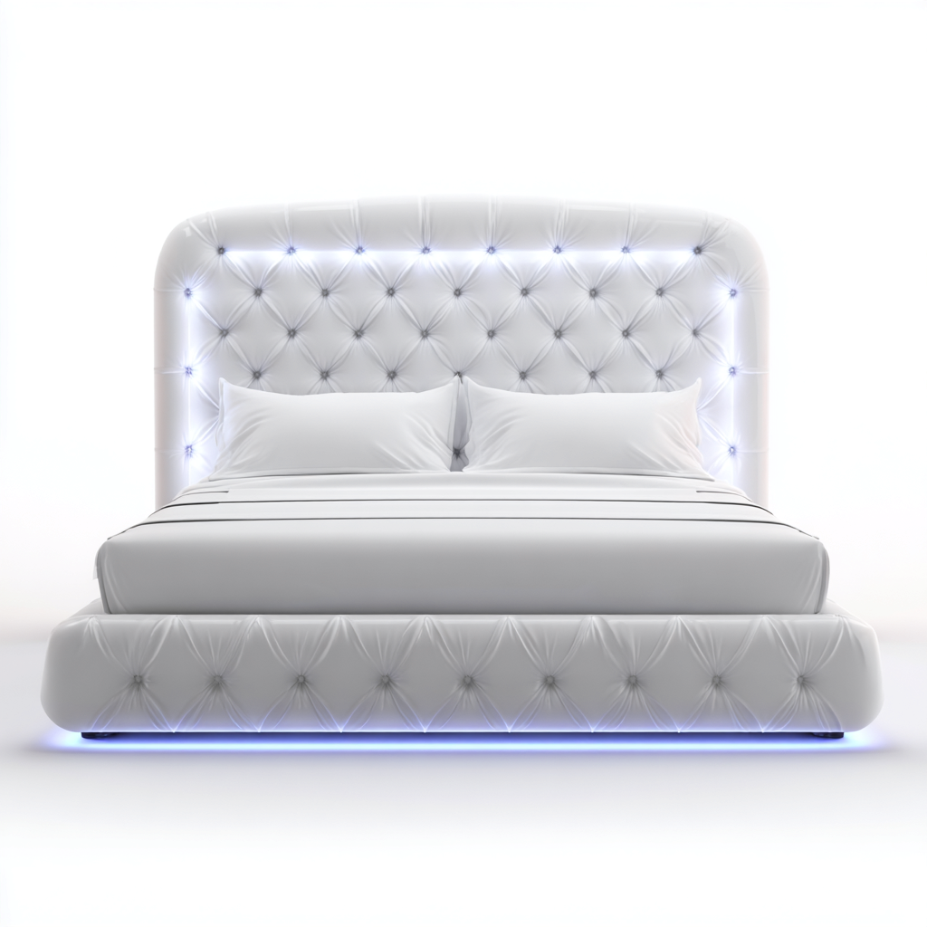 Cama doble tapizada con iluminación 200x160x110 cm - blanco - diseño moderno-Havengethut