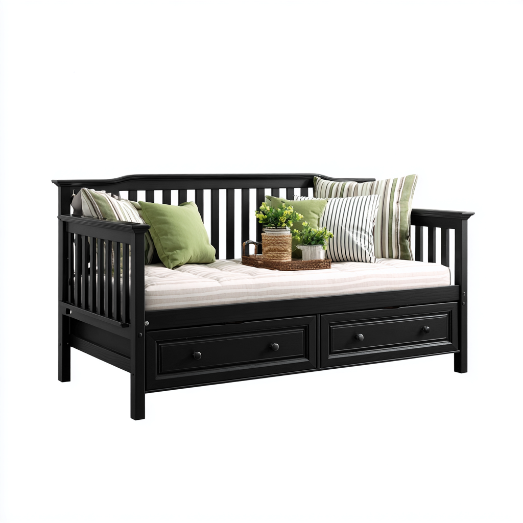 Sofá cama de madera maciza 200x90x85 cm - negro - diseño funcional para dormitorio y sala de estar-Havengethut