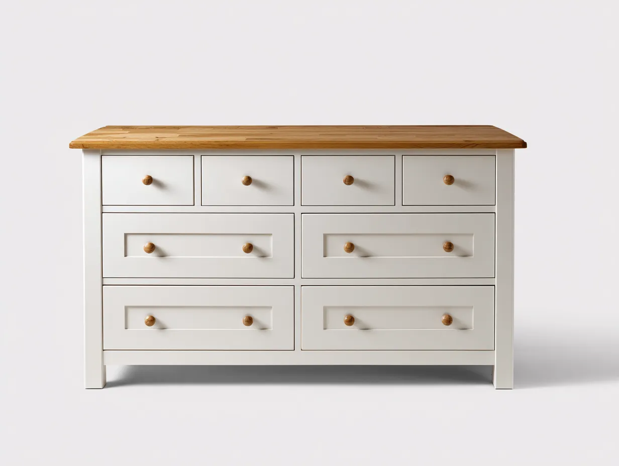 Kommode mit Schubladen - Massivholz-MDF - 148x45x85 cm - Weiß-Naturholz - Klassischer Landhausstil-Loftmyshop