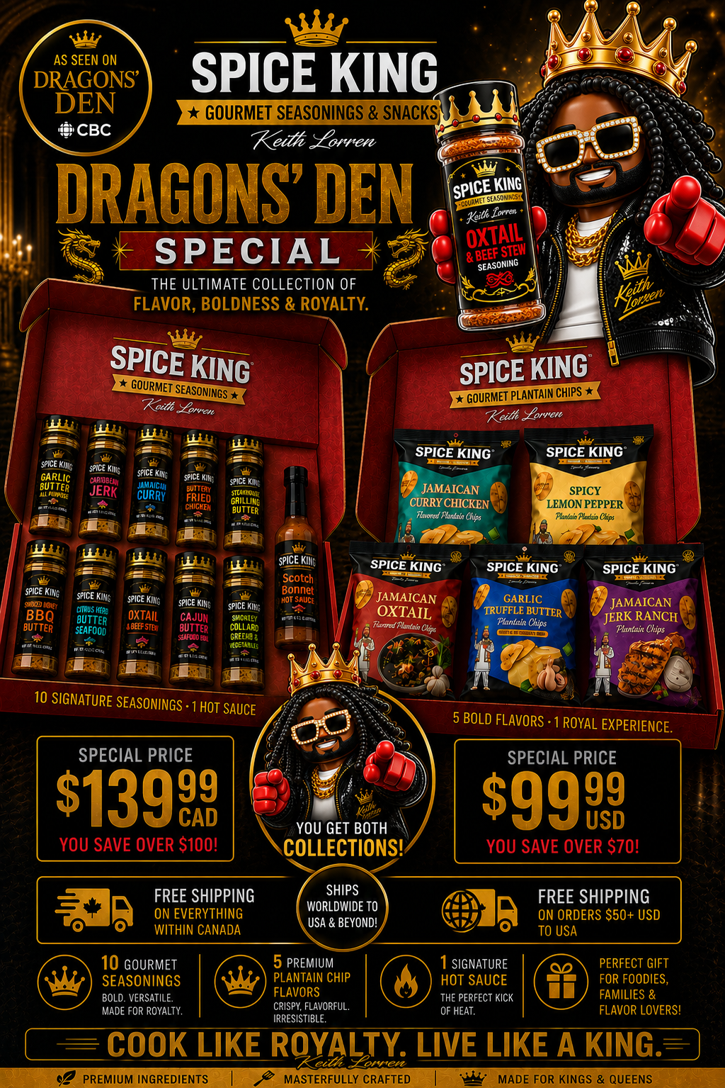 Spice King Dragons' Den Bundle: 10 Seasonings, 1 Hot Sauce & 5 Plantain Chips