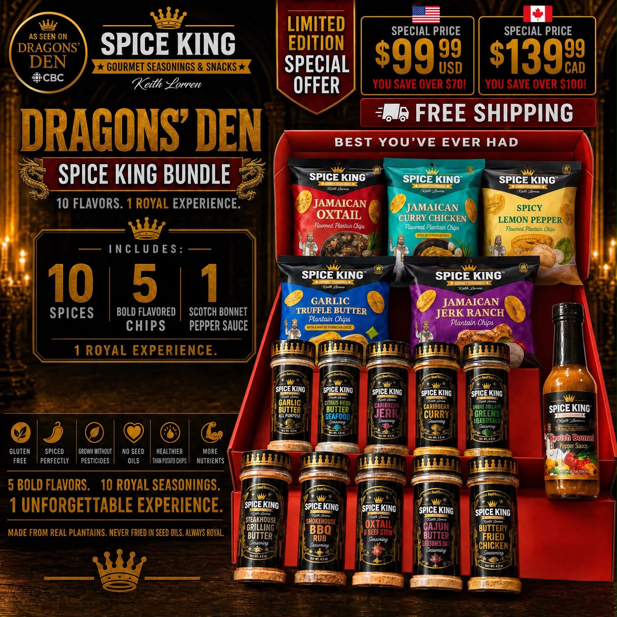 Spice King Dragons' Den Bundle: 10 Seasonings, 1 Hot Sauce & 5 Plantain Chips