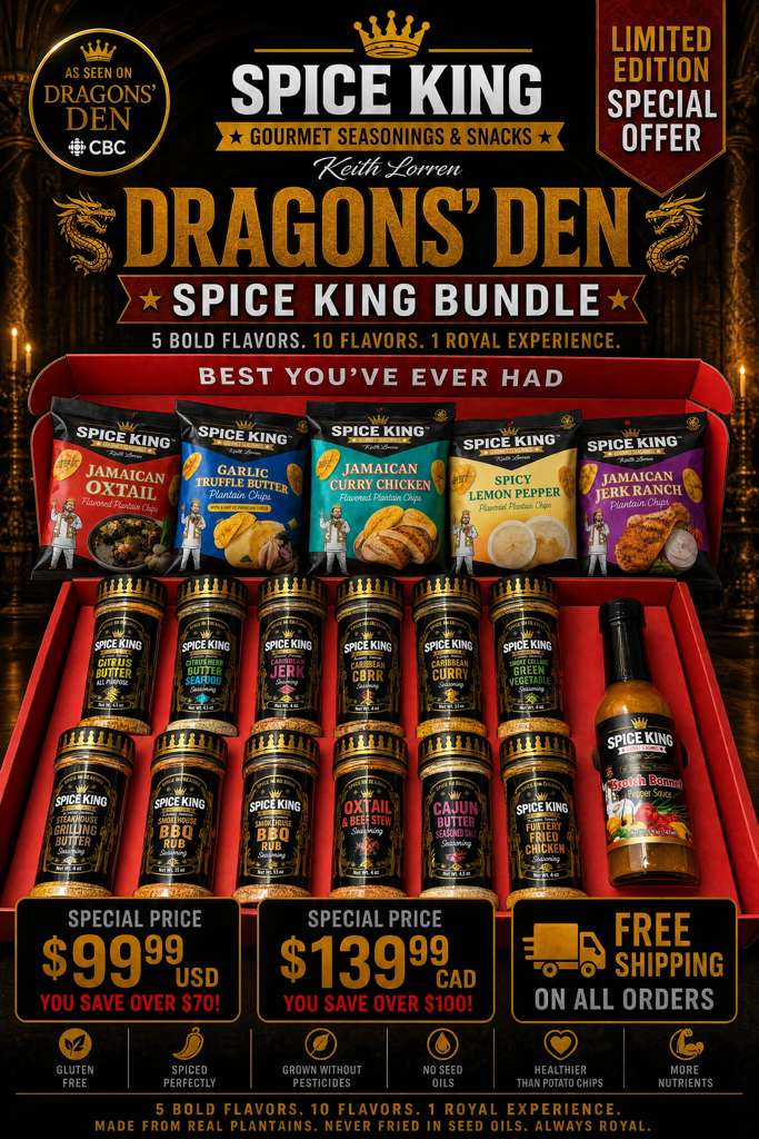 Spice King Dragons' Den Bundle: 10 Seasonings, 1 Hot Sauce & 5 Plantain Chips