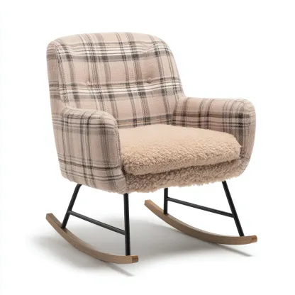 Mecedoras mecedora tapizada tejido cuadros y efecto pelo 85x80x90 cm - Beige-Madera natural - Diseño acogedor-Homigoly