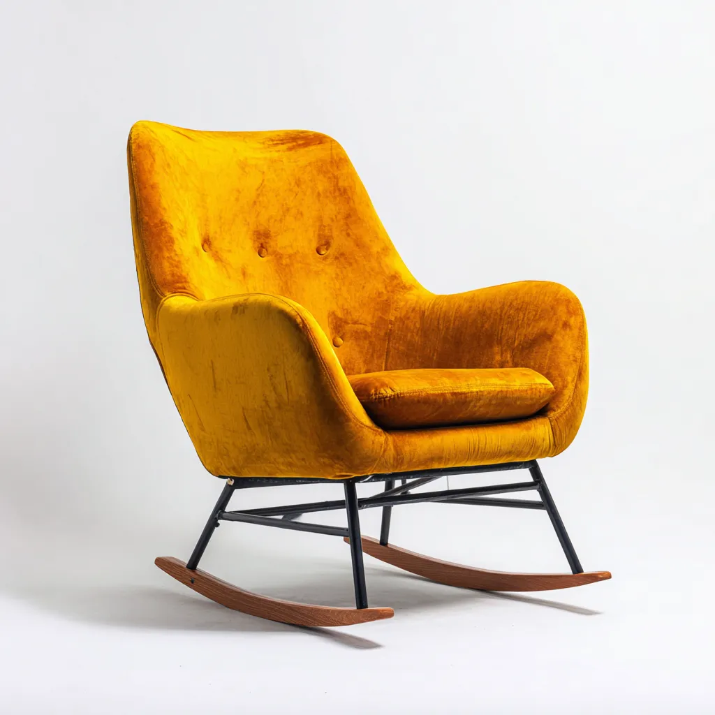 Mecedoras mecedora tapizada terciopelo 90x85x95 cm - Amarillo mostaza-Madera natural - Diseño moderno-Homigoly