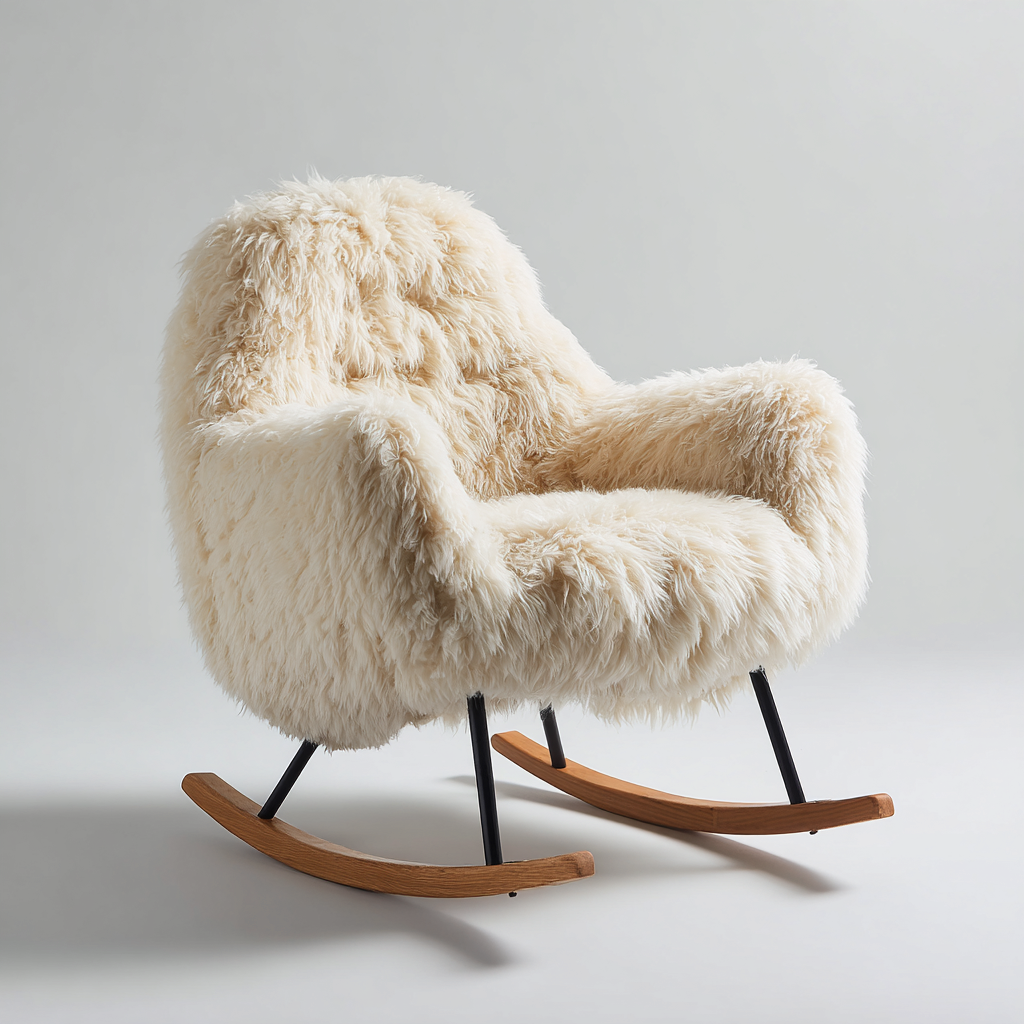 Mecedoras mecedora tapizada tejido efecto pelo 90x85x95 cm - Blanco crema-Madera natural - Diseño acogedor-Homigoly
