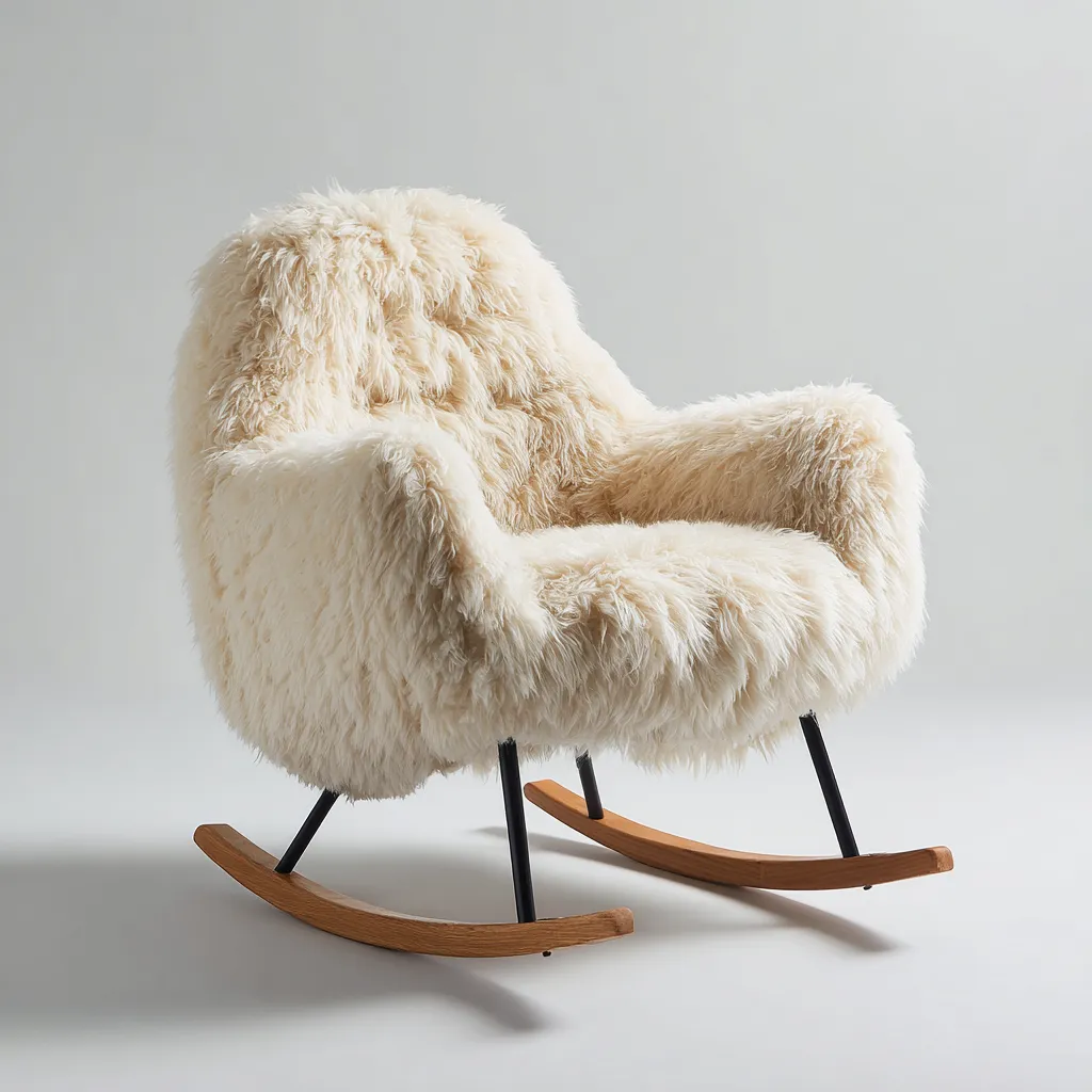 Mecedoras mecedora tapizada tejido efecto pelo 90x85x95 cm - Blanco crema-Madera natural - Diseño acogedor-Homigoly