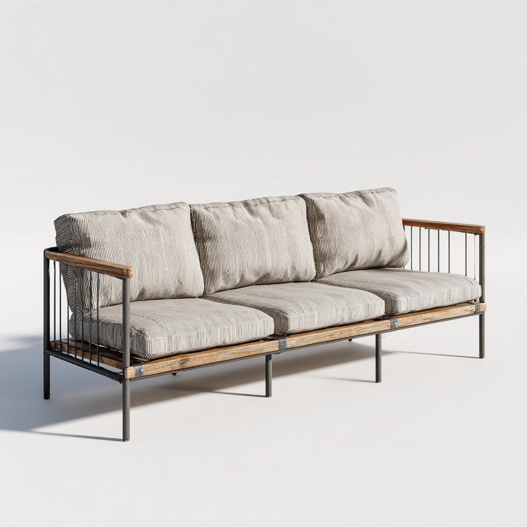 Sofá de jardín de metal y madera 200x75x70 cm - beige-madera natural - diseño exterior contemporáneo-Luxegetbase