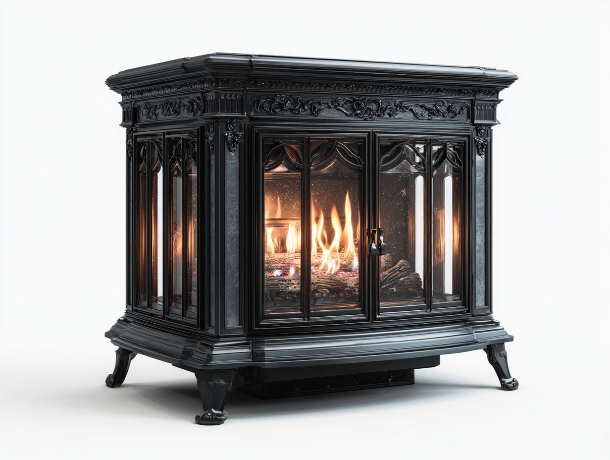 Camino a gas in ghisa 75x60x70 cm - nero - design classico decorativo con fiamma a vista per soggiorno-Oakuphut