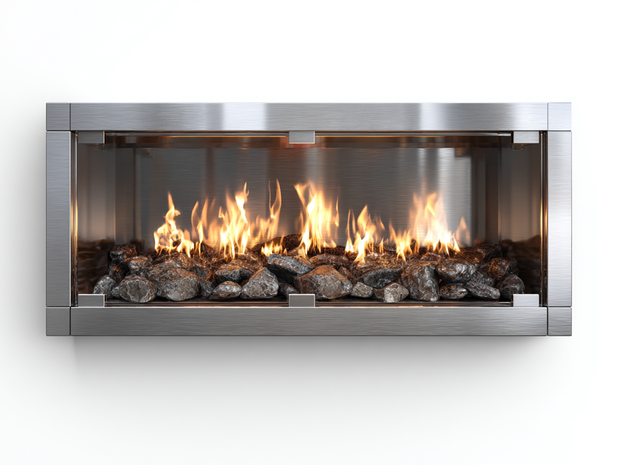 Camino moderno da parete in acciaio inox 120x30x45 cm - argento - design lineare con fiamma decorativa per soggiorno-Oakuphut