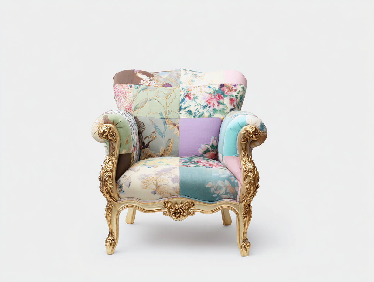 Poltrona con braccioli in tessuto patchwork e struttura in legno 80x82x95 cm - multicolore - stile classico decorativo per soggiorno-Oakuphut