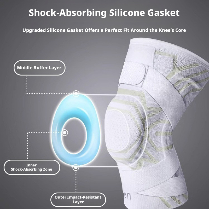 Spring-supported double-strap knee brace, meniscus stabilizer with silicone anti-collision protection